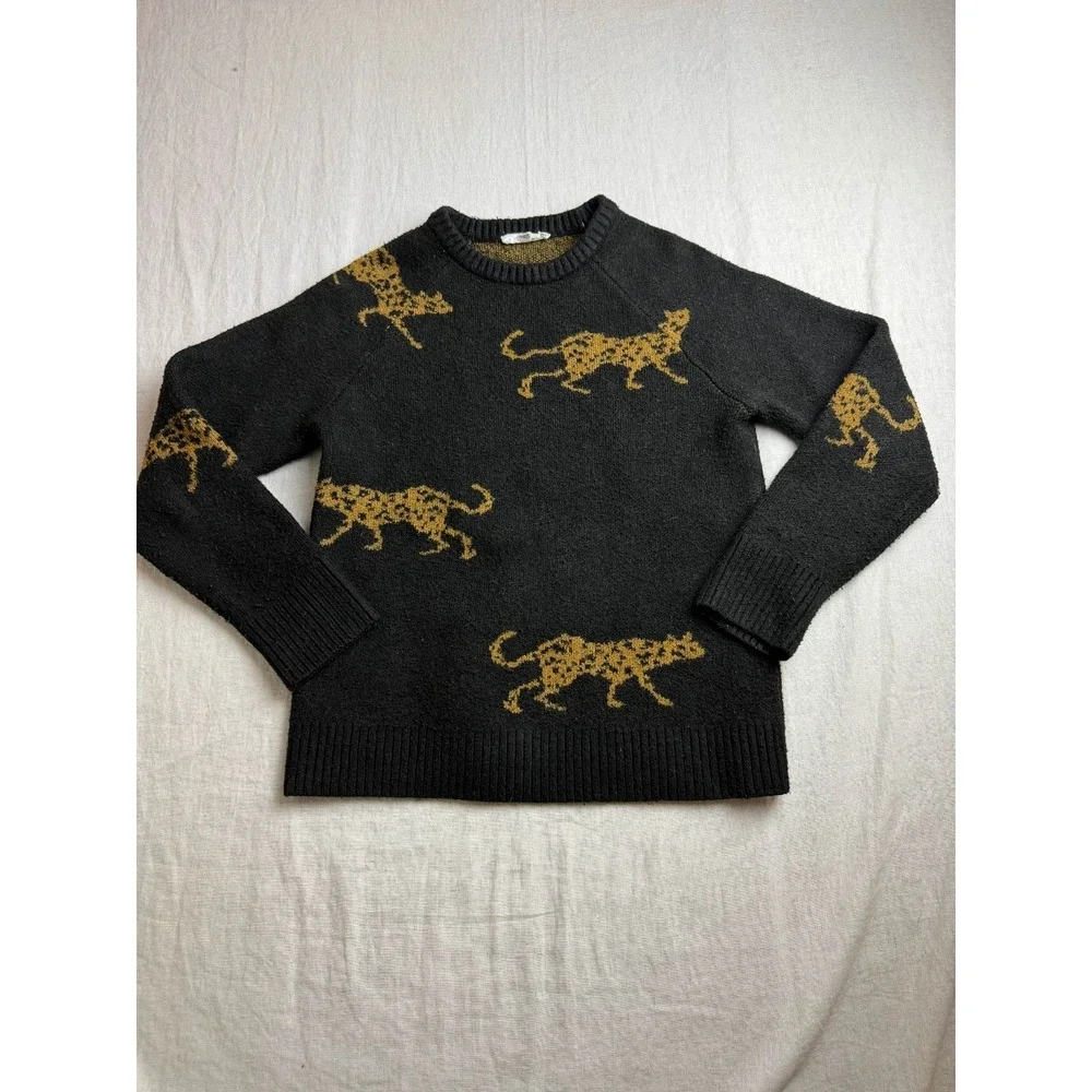 THML Sweater Womens S Cheetah Print Black Gold Mob Wife Boho Glam Indie Sleaze - Picture 1 of 7